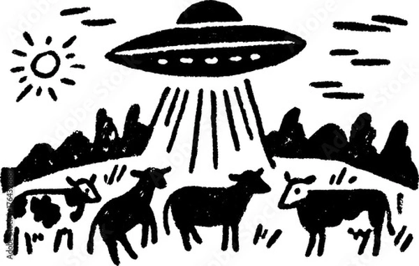 Fototapeta UFOs above cows in a hand-drawn silhouette style. Black outline vector illustration featuring a rural background with the sun and grass.