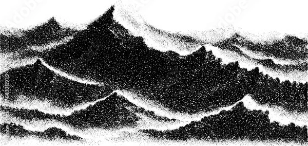 Fototapeta Black and white illustration of mountains and waves. Simple vector art set with a textured look, suitable for various design applications.