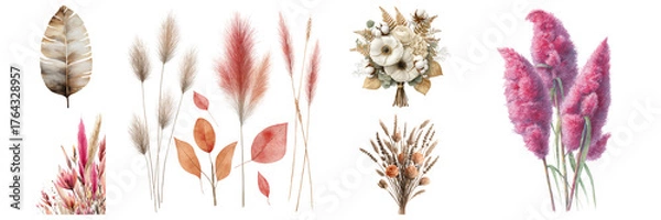 Fototapeta Captivating collection of watercolor floral elements, including pampas grass and flower bouquet, perfect for design, on transparent background