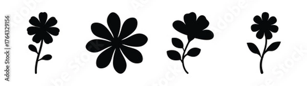 Fototapeta Collection of four distinct black silhouette floral designs with stems and leaves for artistic projects