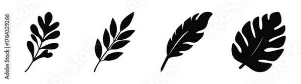 Fototapeta Four black silhouette leaves botanical elements for design and decoration botanical graphic