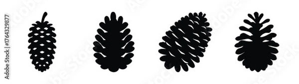 Fototapeta Four stylized dark pine cones shown in silhouette with varied orientations and details for a natural organic theme