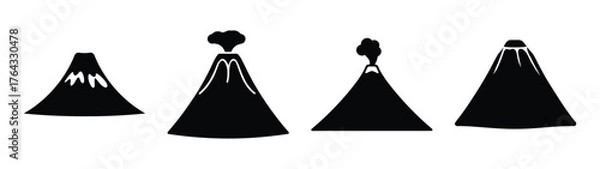 Fototapeta Four black silhouette volcano icons showing eruptions and activity levels
