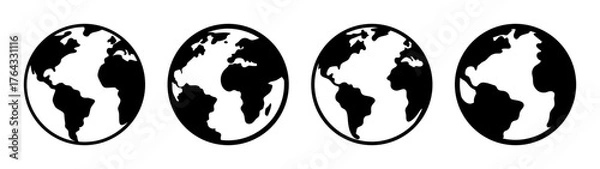 Fototapeta Four stylized earth globe icons depicting continents and oceans in monochrome