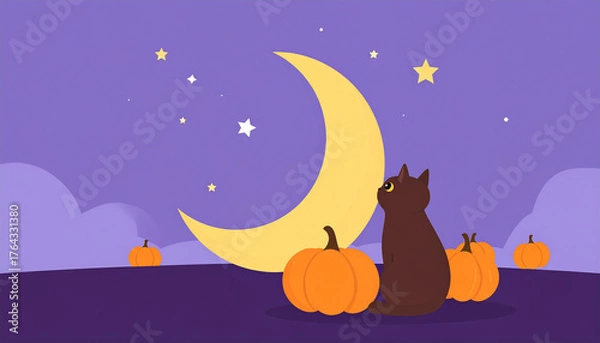 Fototapeta Vector flat illustration of black cat sitting with crescent moon and stars, spooky Halloween theme, cartoon minimal style, no text.
