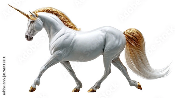 Fototapeta Enchanting Unicorn: A majestic unicorn with a spiraled horn and flowing mane and tail, personifying elegance and grace, moving across an undefined space.