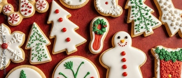 Fototapeta Colorful festive holiday cookies in various shapes like stars, trees, and snowflakes, decorated with icing and sprinkles.