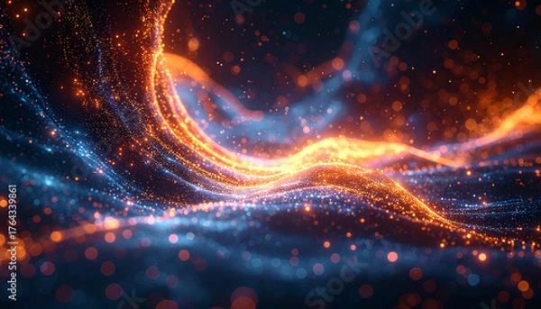 Fototapeta Glowing particle lights floating in dark space, futuristic abstract background with motion. No people, no text, no watermark.