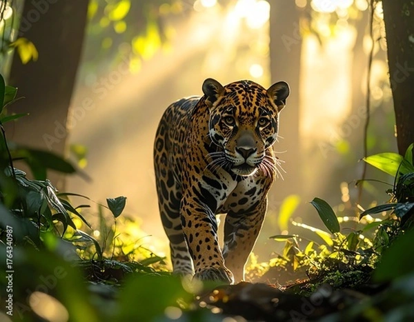 Fototapeta A majestic jaguar walking through a lush rainforest at dawn, soft mist rising from the ground