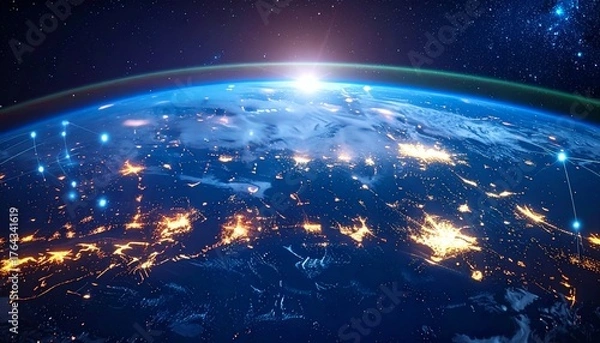 Fototapeta Blue sphere of Earth planet in the universe with stars galaxy and sun light on the night side, a global view of the cosmos and atmosphere