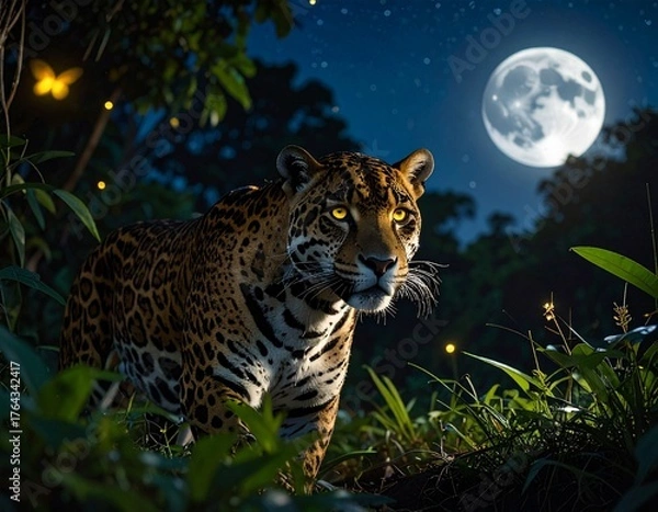 Fototapeta A jaguar prowling silently under a starry night sky in the jungle, glowing eyes reflecting the moonlight