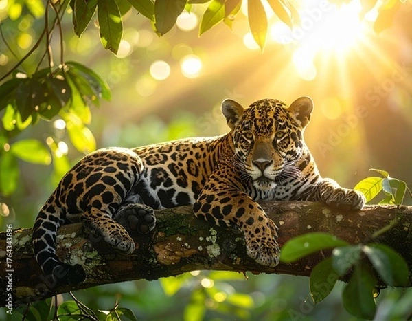 Fototapeta A relaxed jaguar lying on a thick tree branch in the rainforest