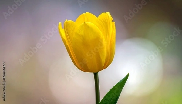 Fototapeta A vibrant yellow tulip stands tall, against a soft, bokeh background, single green leaf accentuating its elegance