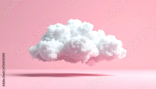 Obraz Dreamy Cloudscape: A solitary, fluffy cloud floats gracefully against a soft, pink backdrop, casting a subtle shadow below, a serene vision.