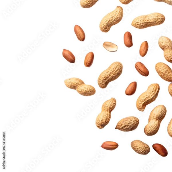 Fototapeta A scattered arrangement of peanuts in shells and shelled peanuts against a black background on the right