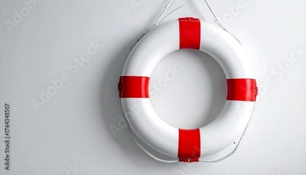 Fototapeta A white life preserver with red stripes hangs on a plain light gray wall, casting soft shadows