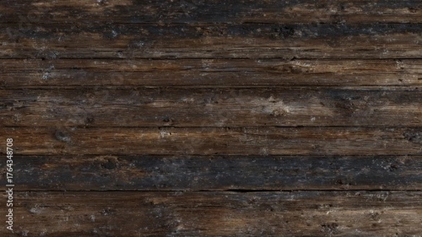 Fototapeta Aged wooden planks displaying rugged texture and darkened patches, creating rustic charm. Weathered surface suggests historical wear, adding character. Viewed from front. Neural network AI generated