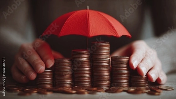 Obraz Protect your savings with a safety net, ensuring financial security. The red umbrella symbolizes protection over your assets. Saving money is a wise decision.