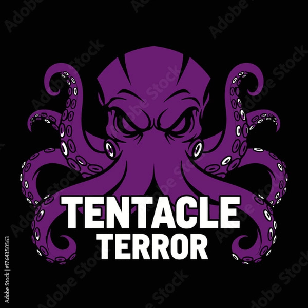 Fototapeta A menacing purple octopus with glowing eyes and swirling tentacles, emblazoned with the bold white text "TENTACLE TERROR" against a stark black background, e...