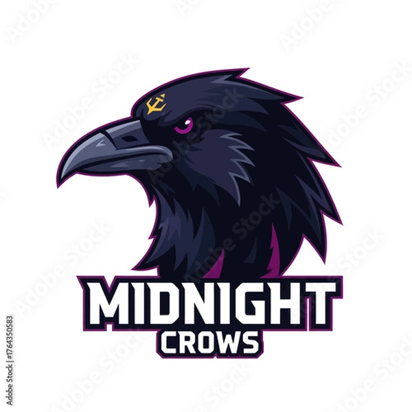 Fototapeta A stylized illustration of a dark purple and black crow head wearing a sailor's cap with an anchor, above the text "Midnight Crows".