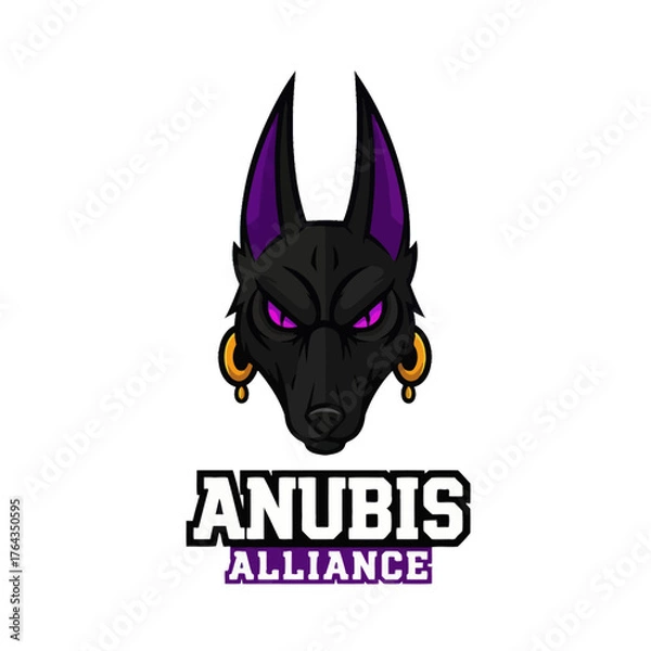Fototapeta A striking black canine head with sharp purple ears and intense glowing eyes, featuring golden rings, presented as a strong alliance emblem.