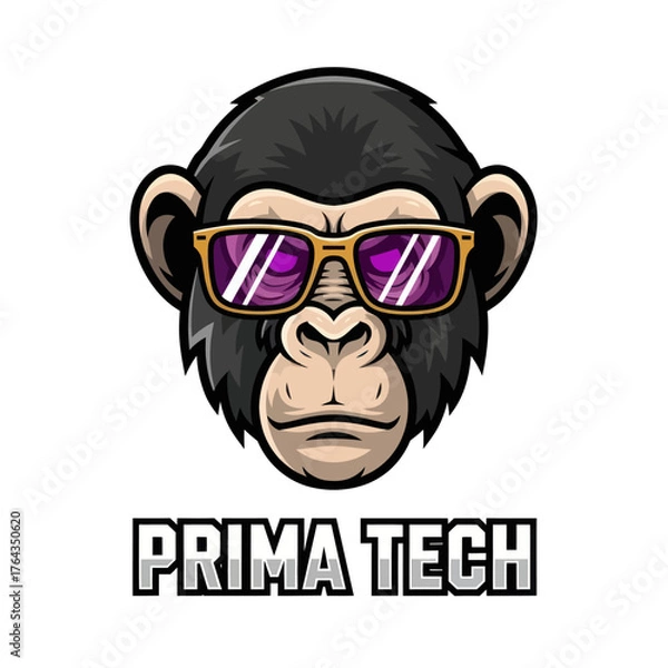 Fototapeta Cartoon illustration of a monkey head wearing sunglasses, with "PRIMA TECH" text below, against a white background.
