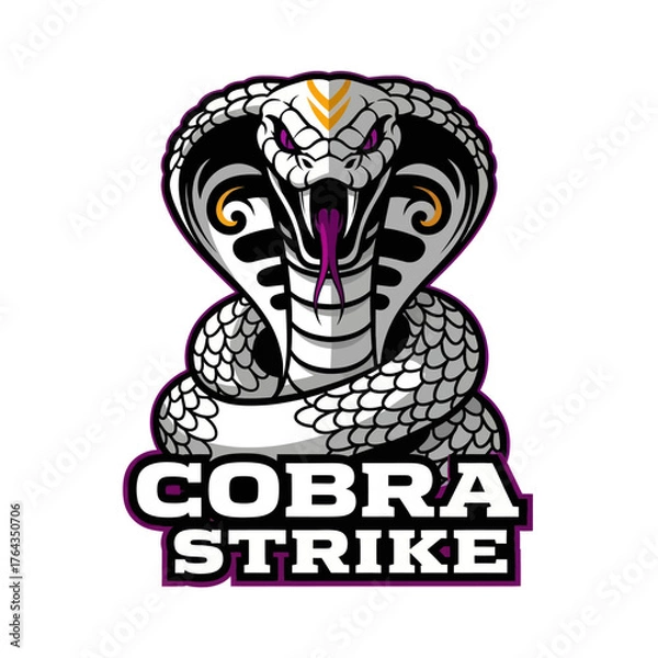 Fototapeta A stylized cobra illustration with a coiled body, raised hood, visible fangs and tongue, and the text "COBRA STRIKE" beneath it.