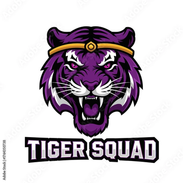 Fototapeta A fierce purple tiger mascot with a golden headband roaring above the text 'Tiger Squad'.