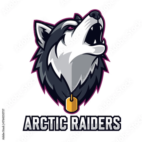 Fototapeta A fierce howling wolf mascot logo for the Arctic Raiders team, featuring a collar with a golden bell.