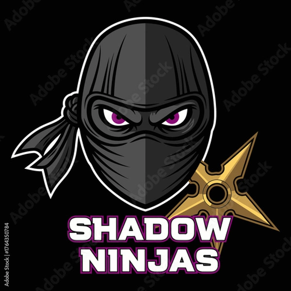 Fototapeta Illustration of a ninja character with a mask, purple eyes, and a throwing star, with the text "Shadow Ninjas" below.