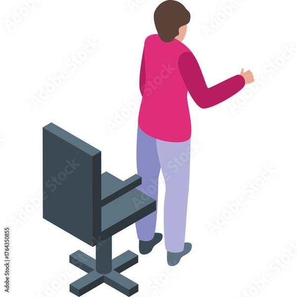 Obraz Isometric Pixel Art of a Person in a Pink Vest and Light Blue Pants Standing Next to a Dark Gray Office Chair on a Transparent Background