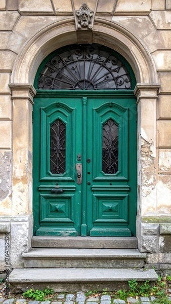 Fototapeta Elegant Green Doorway - A Portal to History and Charm.