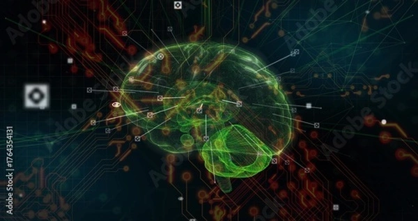 Fototapeta Hovering brain hologram glowing against navy cyberspace backdrop, with circuit lines and data nodes