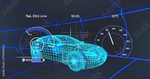 Obraz Displaying wireframe sedan model within virtual tunnel, with eco gauge and battery indicator
