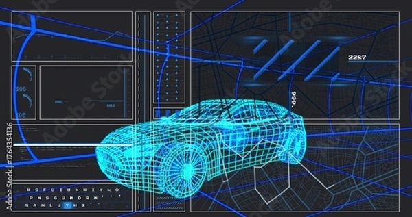 Obraz Floating 3D wireframe car model hovering in virtual interface, with numeric displays and hex grid
