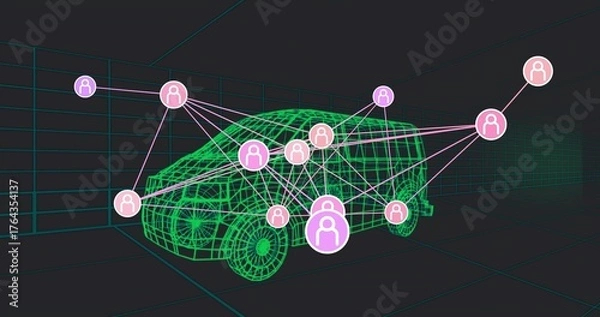 Obraz Displaying neon green wireframe minivan model in 3D grid space, showing pink user node network