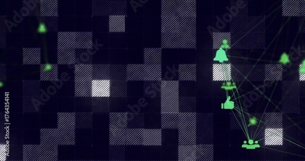 Fototapeta Neon green social media icons connecting on grid backdrop, with glowing lines and dots, copy space