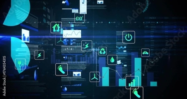 Obraz Showing floating CO2 and recycling icons with trend charts on dashboard, tracking sustainability