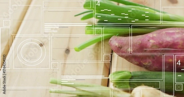Fototapeta Showing scallions, sweet potato, zucchini, ginger and okra overlaying UI on wood table, copy space