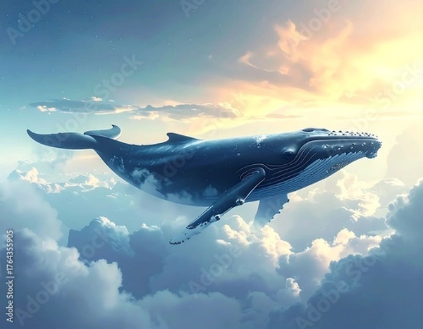 Obraz A serene whale floats among fluffy clouds under a warm, radiant sunlight, fantasy and surreal illustration