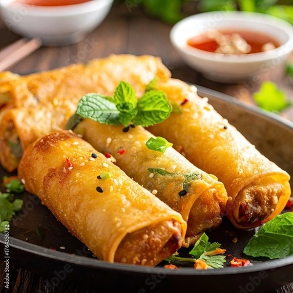 Fototapeta Crispy Spring Rolls with Fresh Mint and Dipping Sauce.
