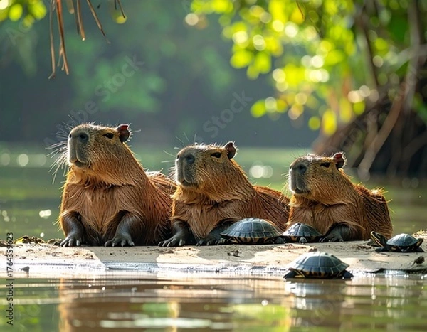 Fototapeta A group of capybaras resting peacefully by a riverbank with several turtles sunbathing beside them