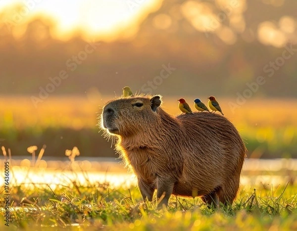 Fototapeta A capybara standing calmly while small colorful birds perch on its back, open grassy wetland