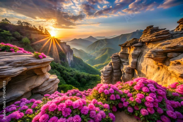 Fototapeta A photograph of a breathtaking natural rock The stone structure rises from a lush valley floor