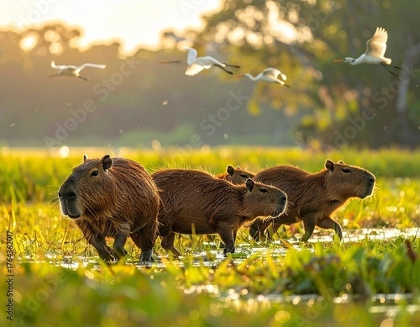 Fototapeta A family of capybaras walking through a wetland meadow with several herons flying overhead, vibrant colors, wide-angle composition