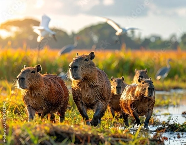 Fototapeta A family of capybaras walking through a wetland meadow with several herons flying overhead