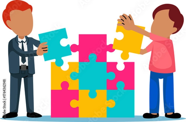 Obraz people working on puzzles. Teamwork concept for problem solving. Work team joining puzzle pieces