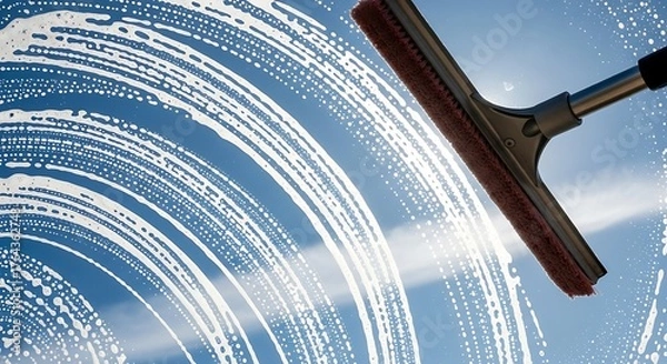 Fototapeta Window cleaning squeegee with soap suds creating circular patterns on glass