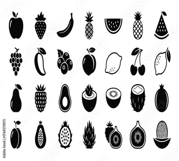 Obraz A delightful assortment of fruit icons, including apples, bananas, strawberries, pineapples, plums, watermelons, grapes, mangoes, blueberries, peaches, and cherries isolated on white background