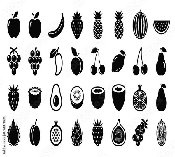Obraz A delightful assortment of fruit icons, including apples, bananas, strawberries, pineapples, plums, watermelons, grapes, mangoes, blueberries, peaches, and cherries isolated on white background